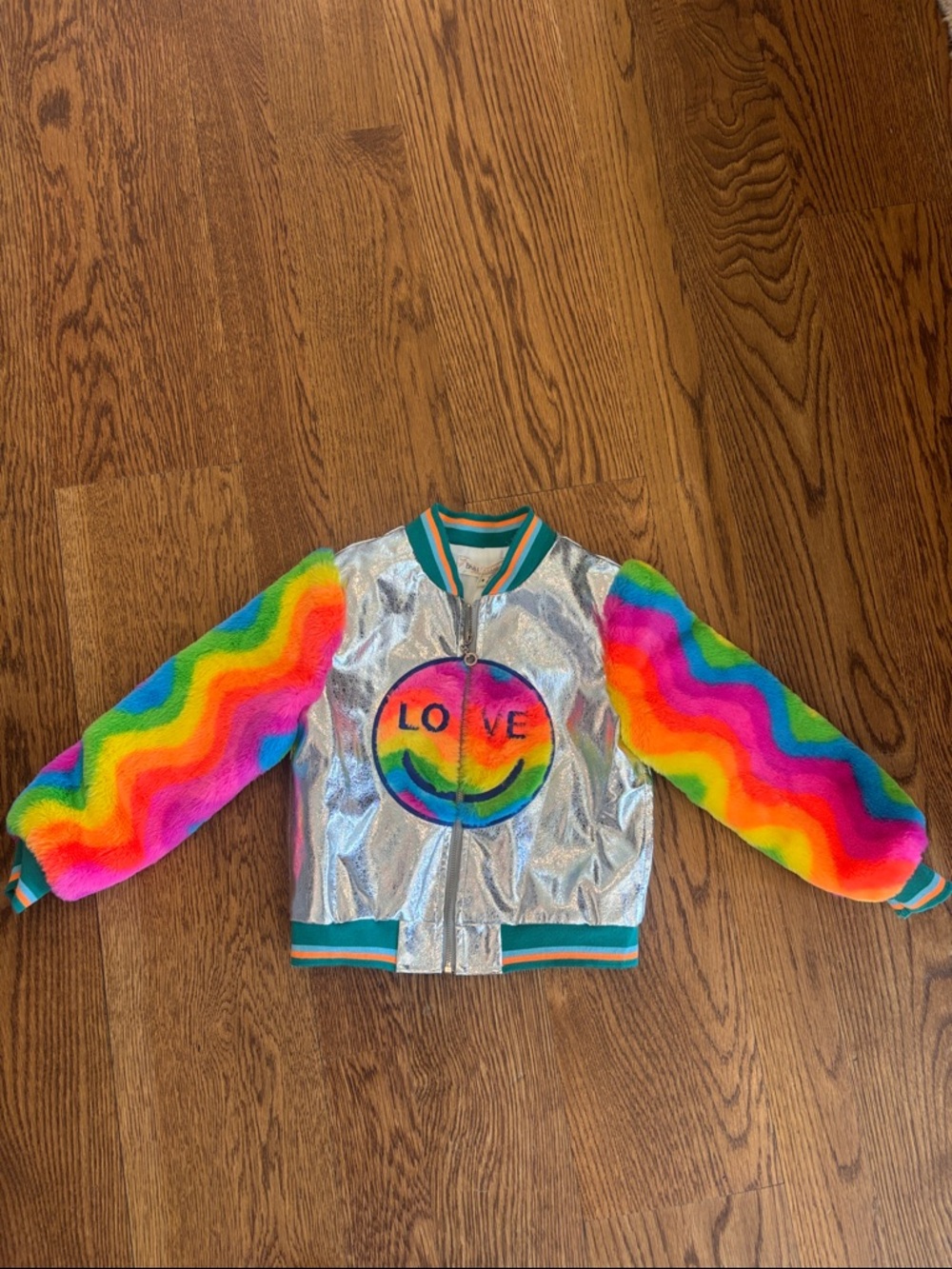 Kids Rainbow Faux Fur Sleeve Bomber Jacket